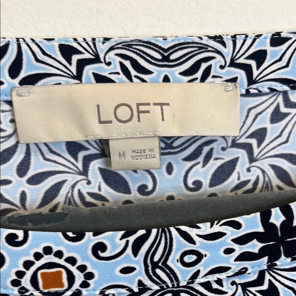 LOFT Blue and White geometric Patterned Shift Dress w/ 3/4 tassel tie sleeves - Picture 2 of 7